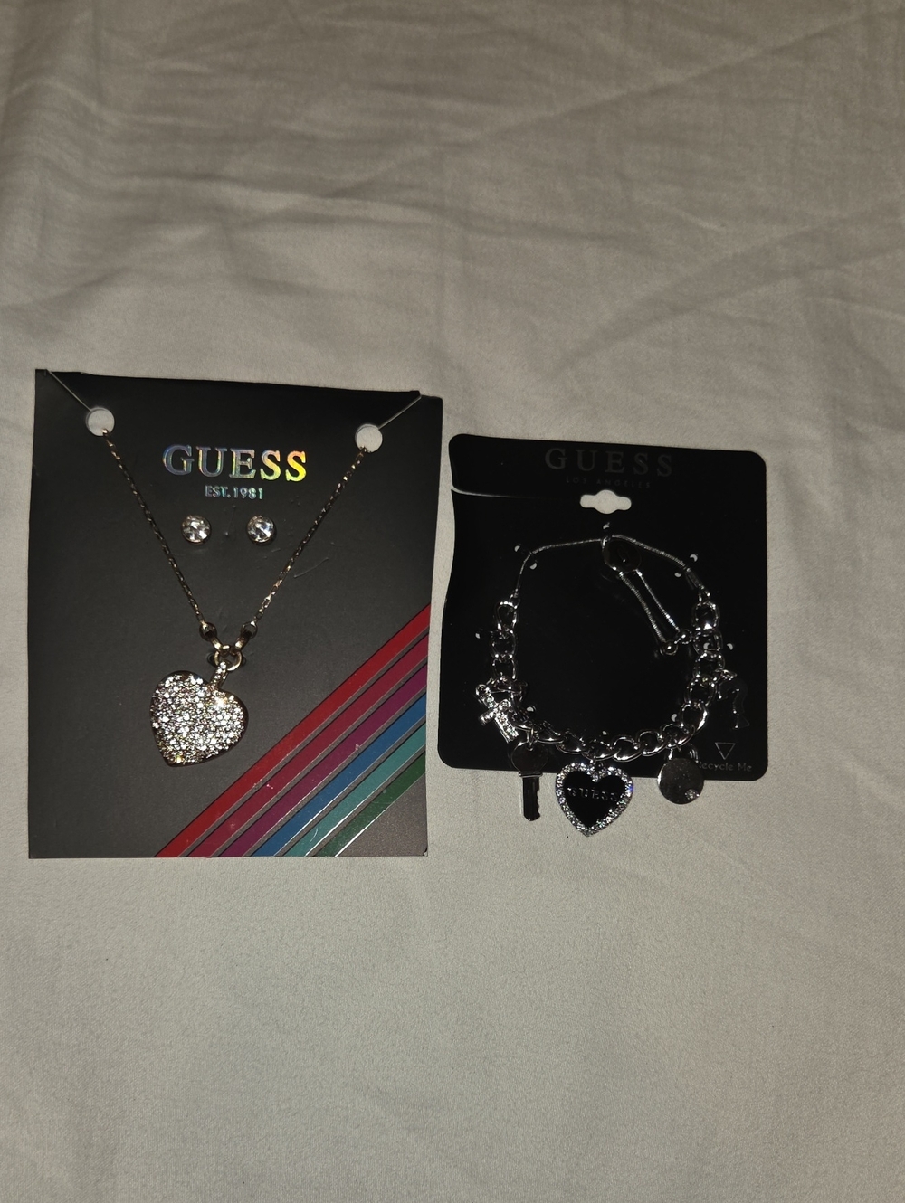 GUESS Silver-Tone Crystal Heart Necklace, Studs & Heart Charm Bracelet Set
